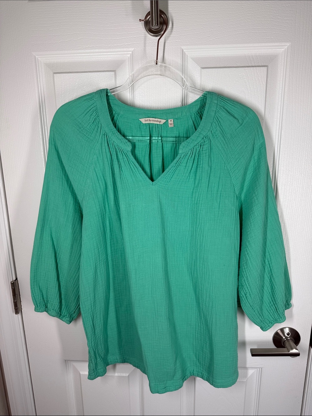 Soft Surroundings gauzy cotton muslin v-neck peasant blouse green size medium